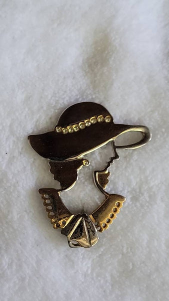 Gold & Silver Pretty Girl Profile Pin Floppy Hat  Eclectic Eighties..!!