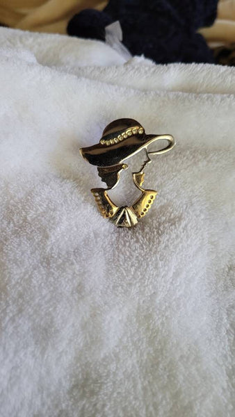 Gold & Silver Pretty Girl Profile Pin Floppy Hat  Eclectic Eighties..!!