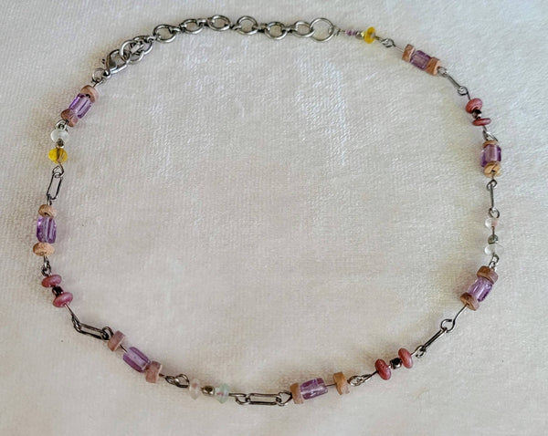Purple Glass Silver Necklace Petite Vintage Necklace Cool Chainwork on this Sweetpiece. Great Valentines Gift for Friends.