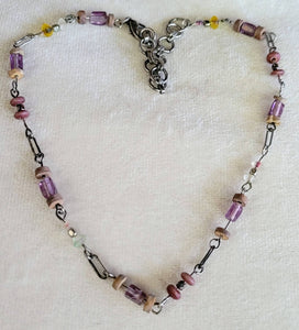 Purple Glass Silver Necklace Petite Vintage Necklace Cool Chainwork on this Sweetpiece. Great Valentines Gift for Friends.