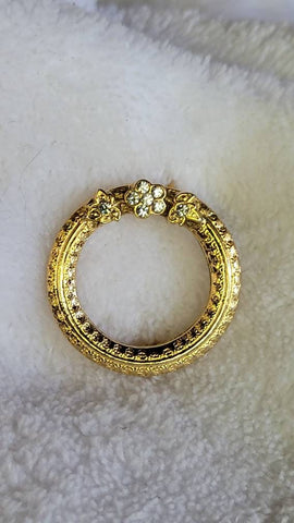 Golden Round & Rhinestones Pin 30s Style 1980s Pin