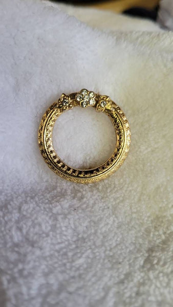 Golden Round & Rhinestones Pin 30s Style 1980s Pin