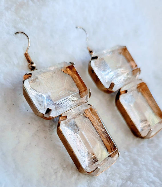 Eclectic Eighties Ice Cubes Earrings Unique Dangling Cubes of Clear Acrylic In Silver Frame Exceptional Vintage Catch..!