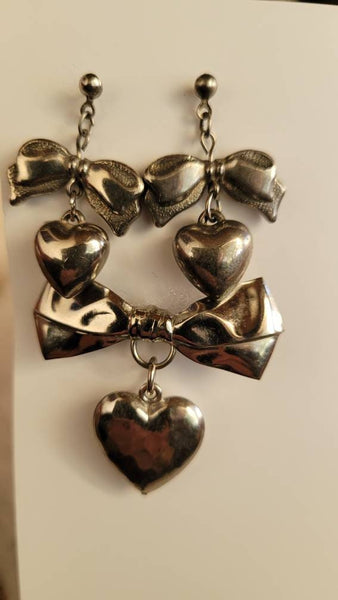 Vintage Valentines Heart Earrings Silver BOWS and Hearts with Sweet 50s Set...Earrings with Pin