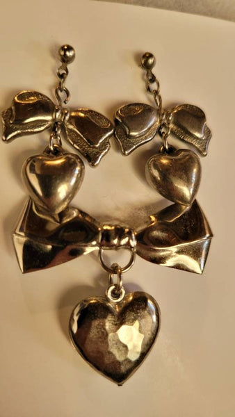 Vintage Valentines Heart Earrings Silver BOWS and Hearts with Sweet 50s Set...Earrings with Pin