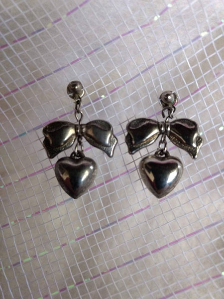 Vintage Valentines Heart Earrings Silver BOWS and Hearts with Sweet 50s Set...Earrings with Pin