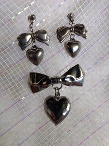 Vintage Valentines Heart Earrings Silver BOWS and Hearts with