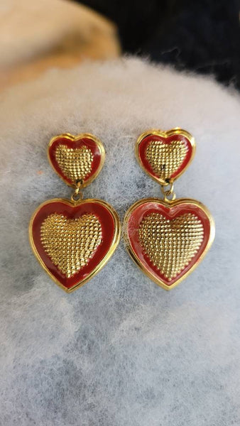 Vintage Valentines Earrings Golden Mesh with Inlaid Red Enamel  Double  Heart Swag Swag