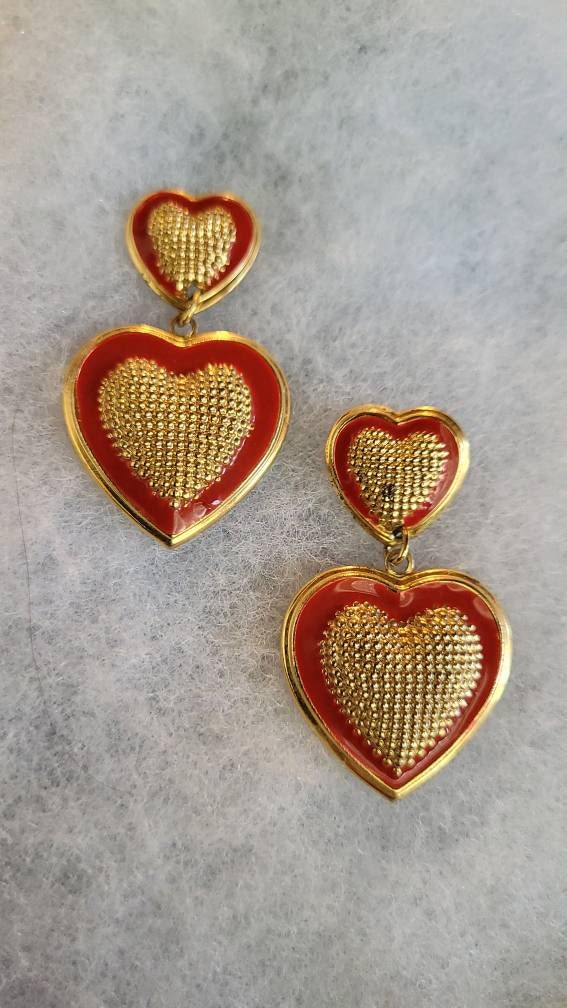 Vintage Valentines Earrings Golden Mesh with Inlaid Red Enamel  Double  Heart Swag Swag