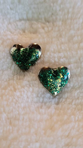 Vintage Valentines Hearts Green Glitter on Silver Tiny Heart Post