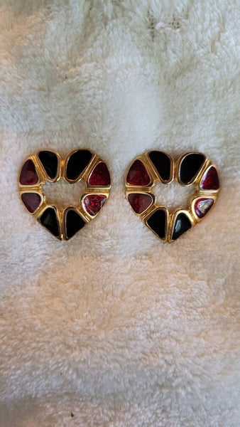 Vintage Valentines Heart Earrings Red with Green Enamel Gold Trim