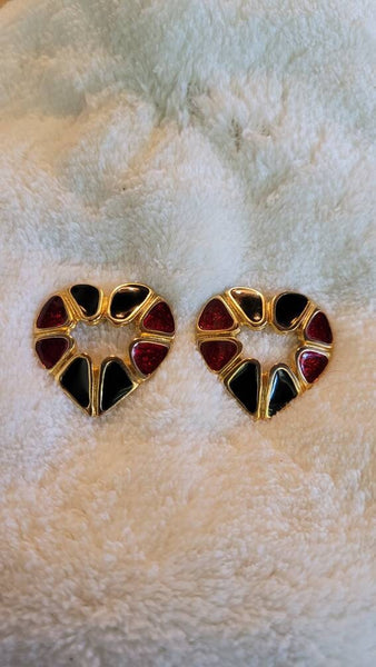 Vintage Valentines Heart Earrings Red with Green Enamel Gold Trim