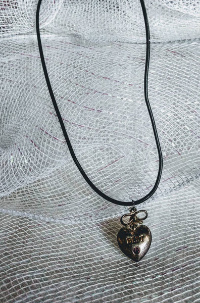 Vintage Valentines Worn Heart with Pink Stone 14 inch Necklace on Leatherette