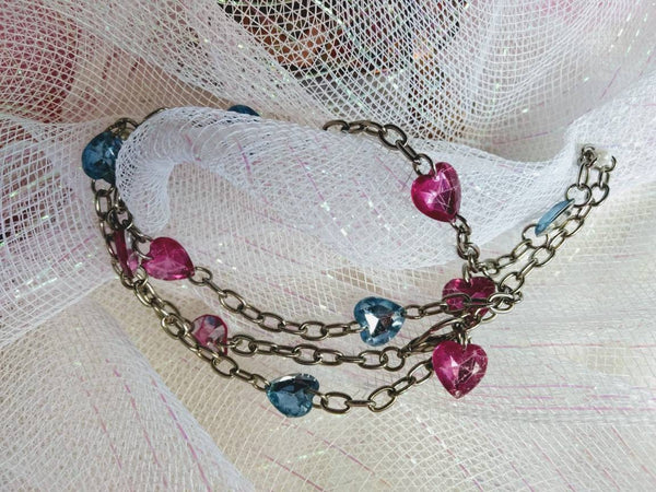 Vintage Valentines  32inch  Big Link Chain of Hearts Necklace Pretty Petite Pink and  Blue Rhinestone Hearts Sweet Treasure Fifties Fab..!