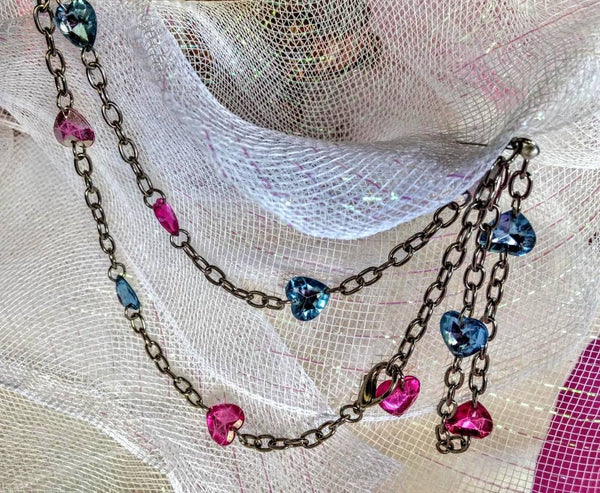 Vintage Valentines  32inch  Big Link Chain of Hearts Necklace Pretty Petite Pink and  Blue Rhinestone Hearts Sweet Treasure Fifties Fab..!