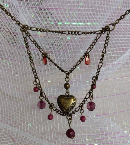 Vintage Valentines Locket Necklace  Delicate Scallop Chains Amethyst  Stones Etched Carved Heart Photo Keepsake Locket