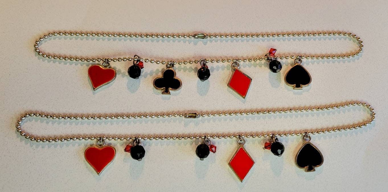 A Pair..! Poker Face Necklaces Vintage Treasure Enamel Hearts Spades Clubs Diamonds in Red & Black on Ball Chains 16 and 15 inch