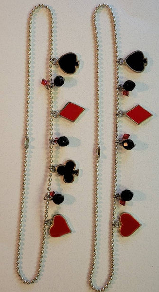 A Pair..! Poker Face Necklaces Vintage Treasure Enamel Hearts Spades Clubs Diamonds in Red & Black on Ball Chains 16 and 15 inch