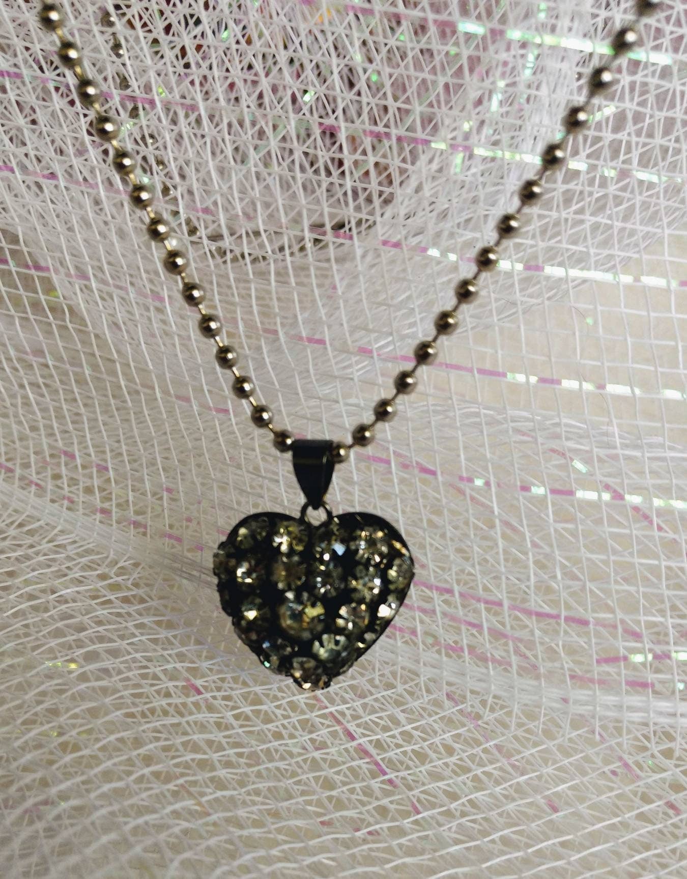 Vintage Valentines Black Sparkling Rhinestone  Heart on 24 Inch Ball Chain