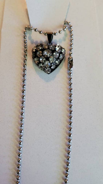 Vintage Valentines Black Sparkling Rhinestone  Heart on 24 Inch Ball Chain