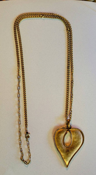 Vintage Valentines Big Heart Gold Pendant Necklace Unique Heart with Long Vintage Serpentine Chain