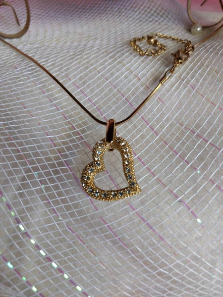 Vintage Valentines Heart Gold with Rhinestones Studded Heart Necklace