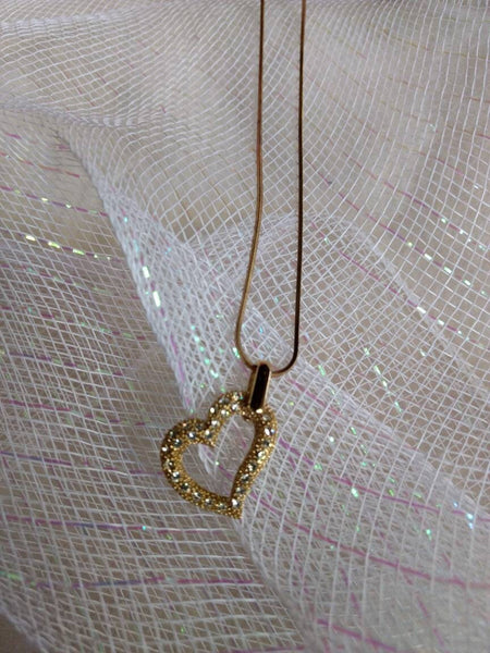 Vintage Valentines Heart Gold with Rhinestones Studded Heart Necklace