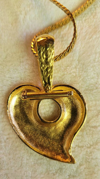Vintage Valentines Heart Combination Beautiful Heart Golden Pin or Necklace with Bold Gold Serpentine Chain
