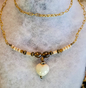 Vintage Glazed Ceramic Heart & Stones  Cream Bronze  Round Brown. Lovlies Beautiful Gold Chain