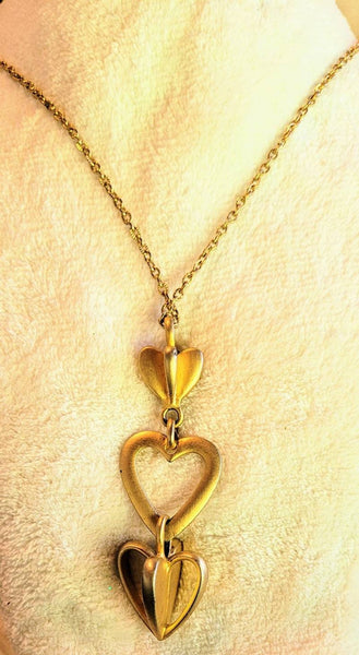 Vintage Valentines  Golden Tre  Hearts Necklace  Big Beautiful Gold Hearts Intertwined in Perfection Muted Gold Statement Neckwear..!