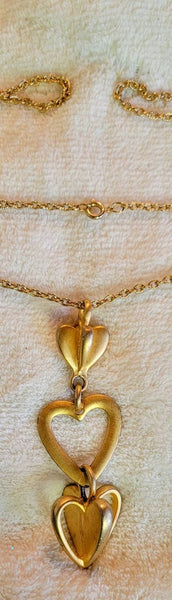 Vintage Valentines  Golden Tre  Hearts Necklace  Big Beautiful Gold Hearts Intertwined in Perfection Muted Gold Statement Neckwear..!