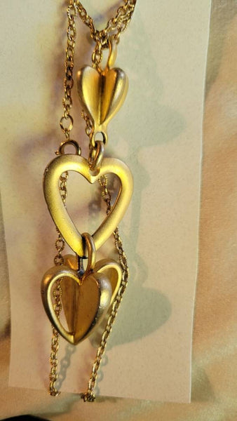 Vintage Valentines  Golden Tre  Hearts Necklace  Big Beautiful Gold Hearts Intertwined in Perfection Muted Gold Statement Neckwear..!