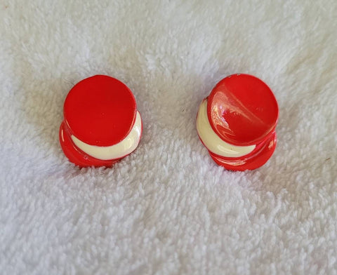 50s Earrings Red & White Delight Stacked Hammered Disc Trio Enameld in Fire Red with White..!