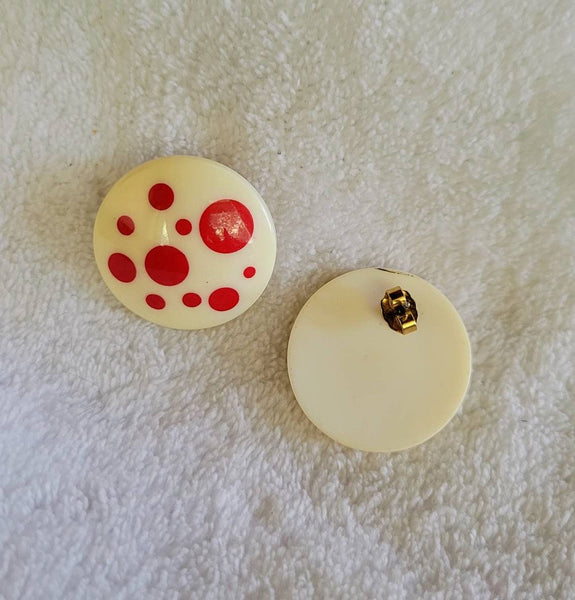 60s Cool Earcandy..!  Mod Pops of Red Bubbles on Soft Creme Acrylic Disc...   Delicious Vintage Treats. !