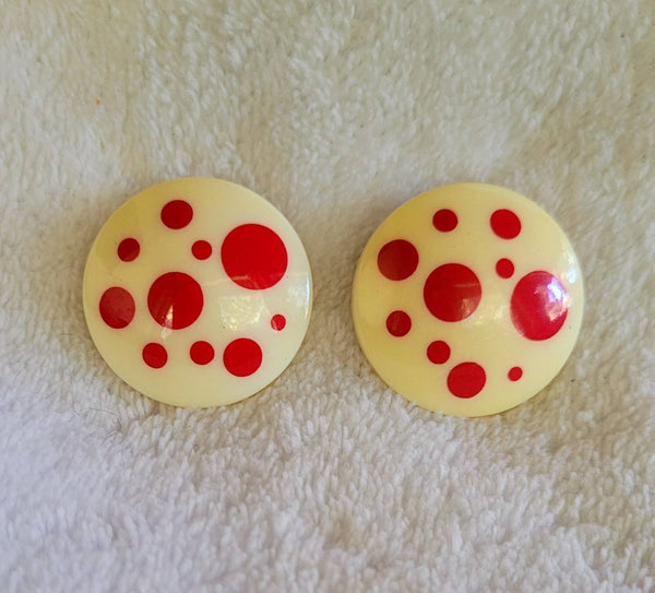 60s Cool Earcandy..!  Mod Pops of Red Bubbles on Soft Creme Acrylic Disc...   Delicious Vintage Treats. !