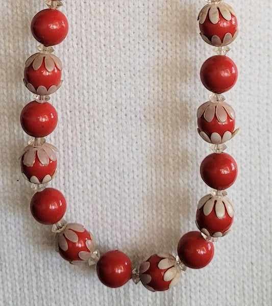 Golden Era Elegant Plastics Rare White Floral Accented  Rich Red Beads Beautiful Vintage..!