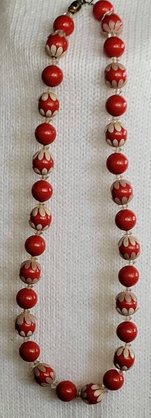 Golden Era Elegant Plastics Rare White Floral Accented  Rich Red Beads Beautiful Vintage..!
