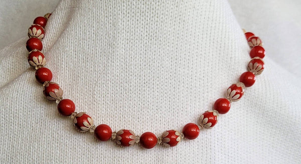Golden Era Elegant Plastics Rare White Floral Accented  Rich Red Beads Beautiful Vintage..!