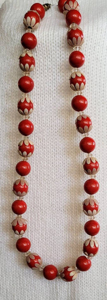 Golden Era Elegant Plastics Rare White Floral Accented  Rich Red Beads Beautiful Vintage..!