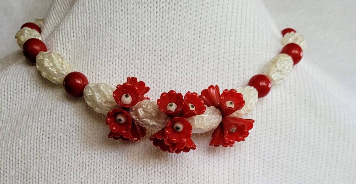 Golden Era Gorgeous Classic Celluoid Necklace.  Perfect Condition Fashion History in  Sculpted Beads Dainty Red  Celluoid Flowers A FIND..!