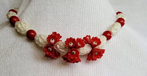 Golden Era Gorgeous Classic Celluoid Necklace.  Perfect Condition Fashion History in  Sculpted Beads Dainty Red  Celluoid Flowers A FIND..!