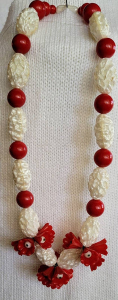 Golden Era Gorgeous Classic Celluoid Necklace.  Perfect Condition Fashion History in  Sculpted Beads Dainty Red  Celluoid Flowers A FIND..!