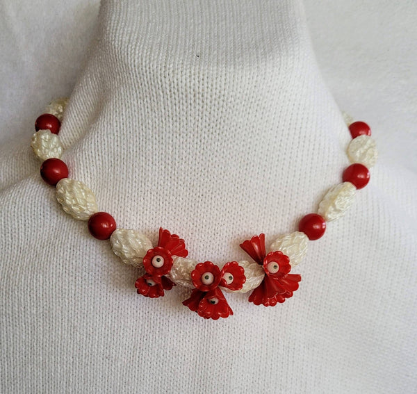 Golden Era Gorgeous Classic Celluoid Necklace.  Perfect Condition Fashion History in  Sculpted Beads Dainty Red  Celluoid Flowers A FIND..!