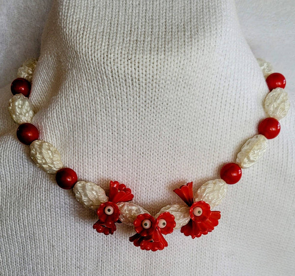 Golden Era Gorgeous Classic Celluoid Necklace.  Perfect Condition Fashion History in  Sculpted Beads Dainty Red  Celluoid Flowers A FIND..!