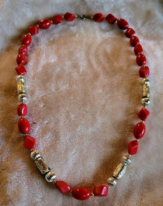 Rocking Red 1950s Necklace Detailed Silver Accent Beads Red Square with Oval Beads Dynamic Rich Red  Color..!