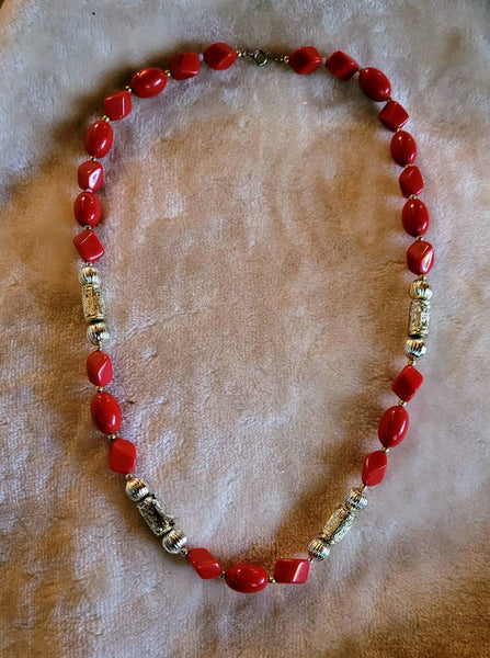 Rocking Red 1950s Necklace Detailed Silver Accent Beads Red Square with Oval Beads Dynamic Rich Red  Color..!