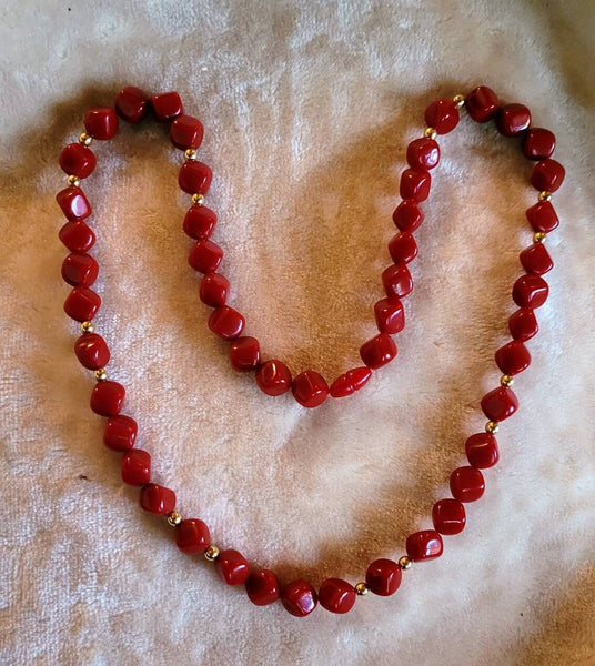 60s Classic Necklace Candy Apple Red Square Angled Beads with Gold Accents. A Classic Beauty..!