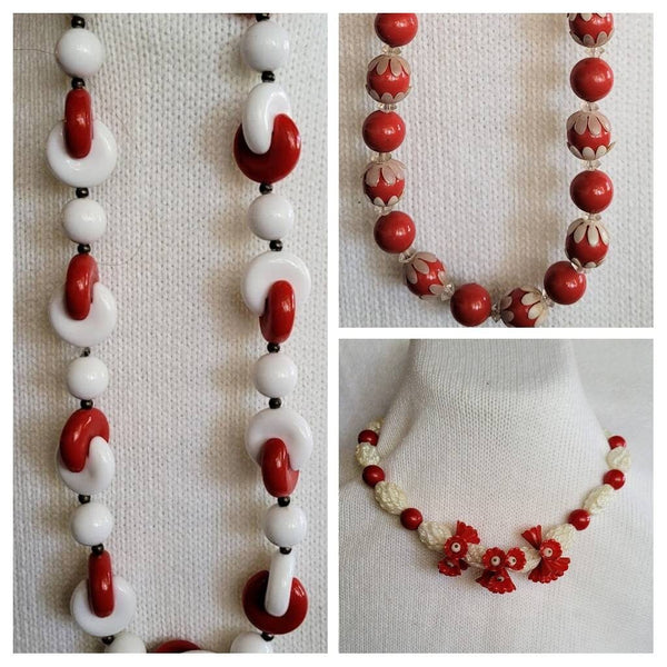 Red White Deco Like Delight Interlocking Beads on  Necklace A Fresh! Fun.!! Fabulous.!!! Swinging Sixties Special