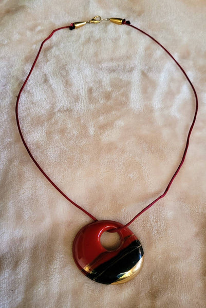 Hot Glaze..! 1980s Necklace Beautiful Red Black Gold Glazed Ceramic Beauty. It's shown on a Satin Cord