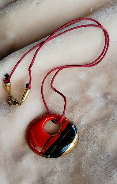 Hot Glaze..! 1980s Necklace Beautiful Red Black Gold Glazed Ceramic Beauty. It's shown on a Satin Cord